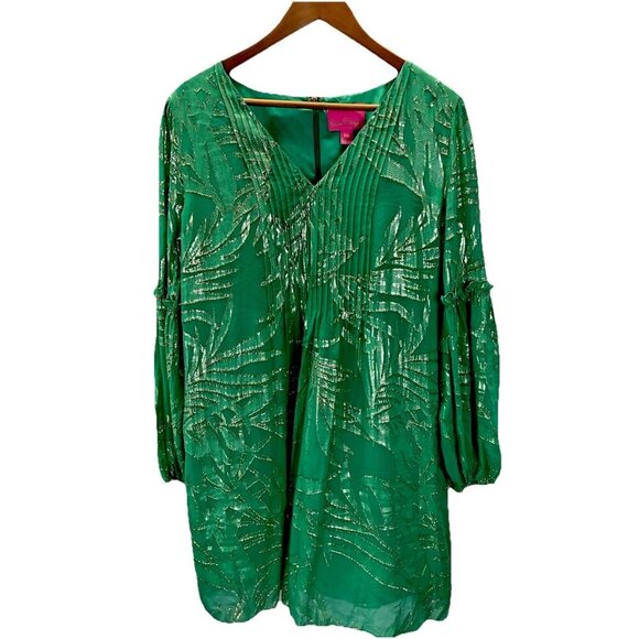 Lilly Pulitzer Green Gold Metallic Silk Long‎ Sleeve Swing Dress Size 14 Festive - Picture 1 of 14